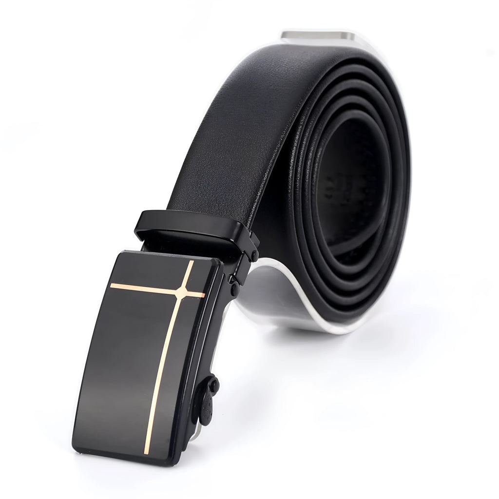 Men's automatic buckle belt with mirror acrylic iron button, patent leather finish, showing buckle close-up