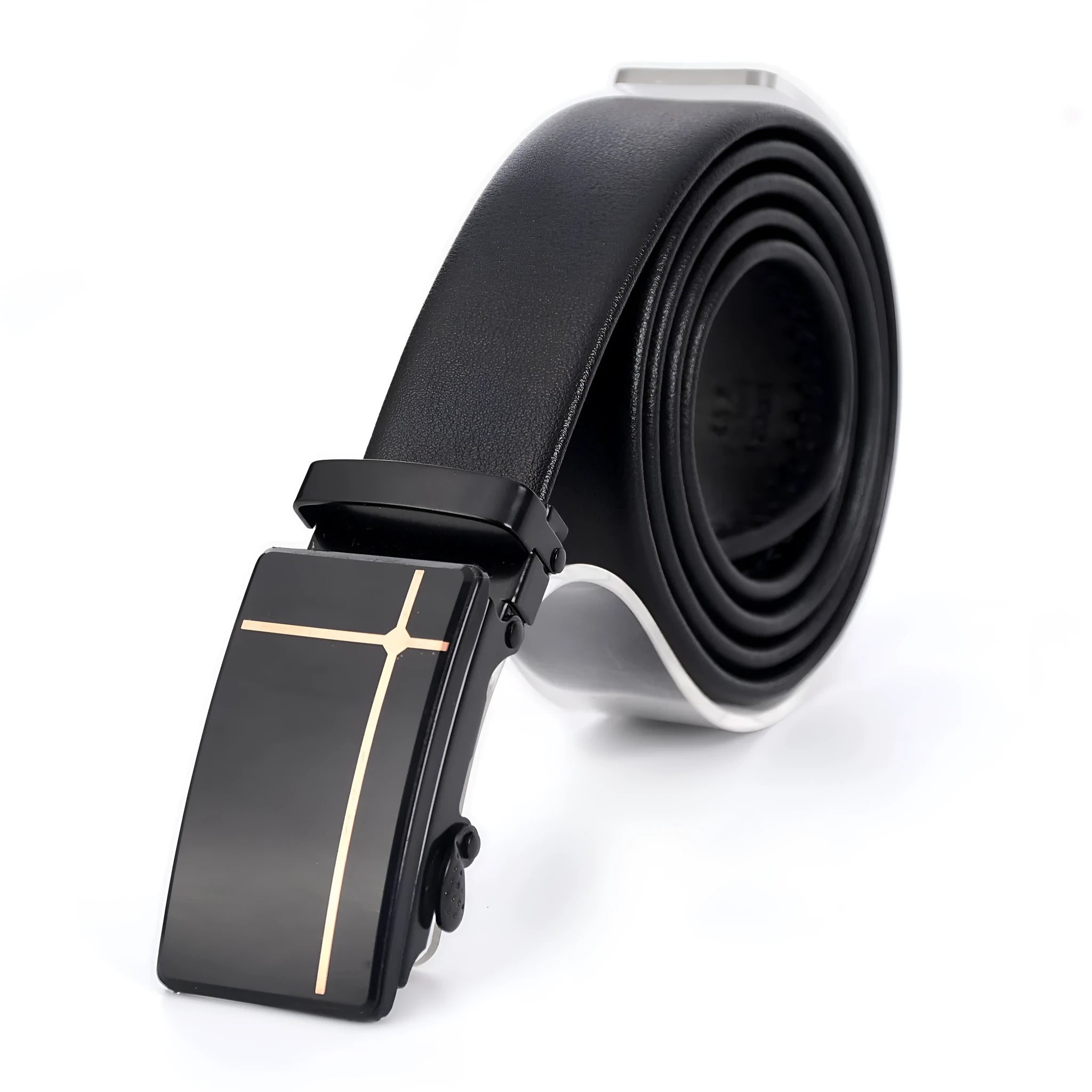 Men's automatic buckle belt with mirror acrylic iron button, patent leather finish, showing buckle close-up