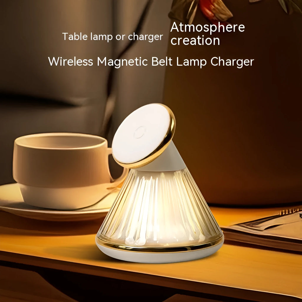 Night table lamp with magnetic 15W wireless charger base in Champagne Gold finish