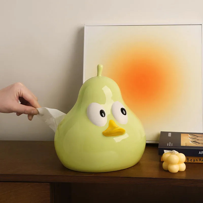 Ceramic pear-shaped tissue box with cute animal design in green colour option