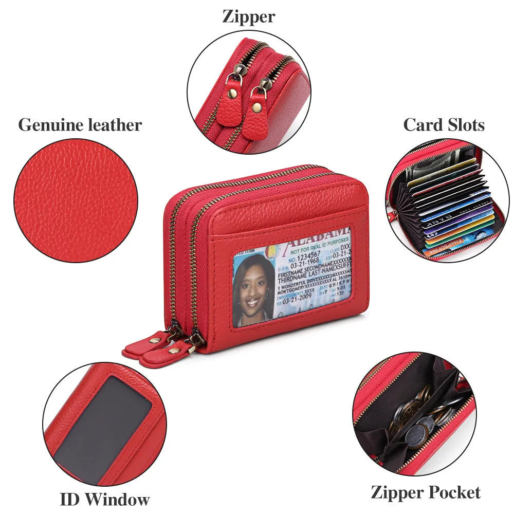 First cowhide double layer zipper expanding card holder anti-theft wallet in black with gift box