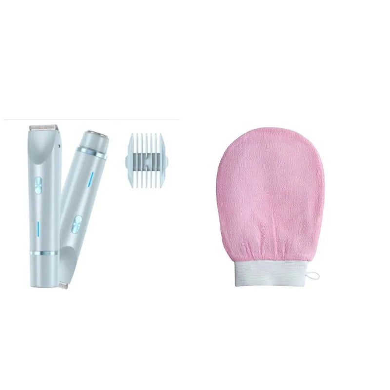 Pink 2 in 1 women's electric hair remover double head shaver with USB cable on white background
