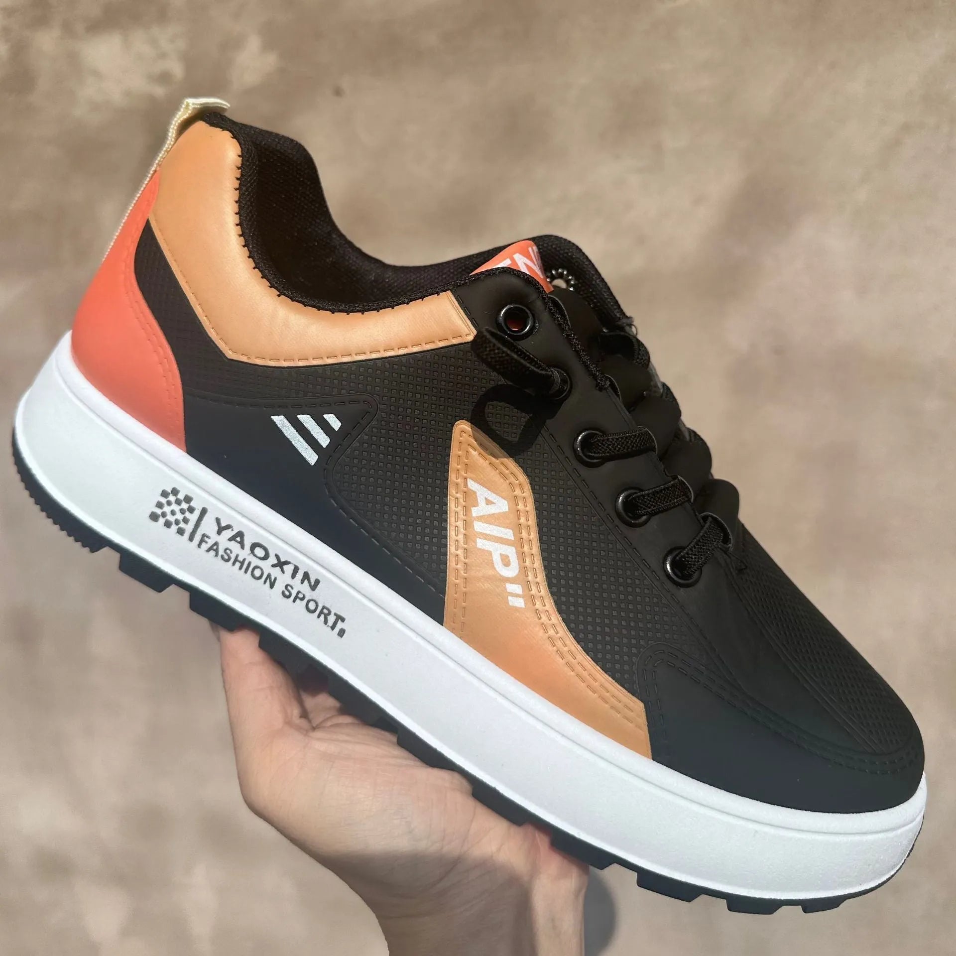 Men's white casual sport shoes with artificial PU upper and round toe design