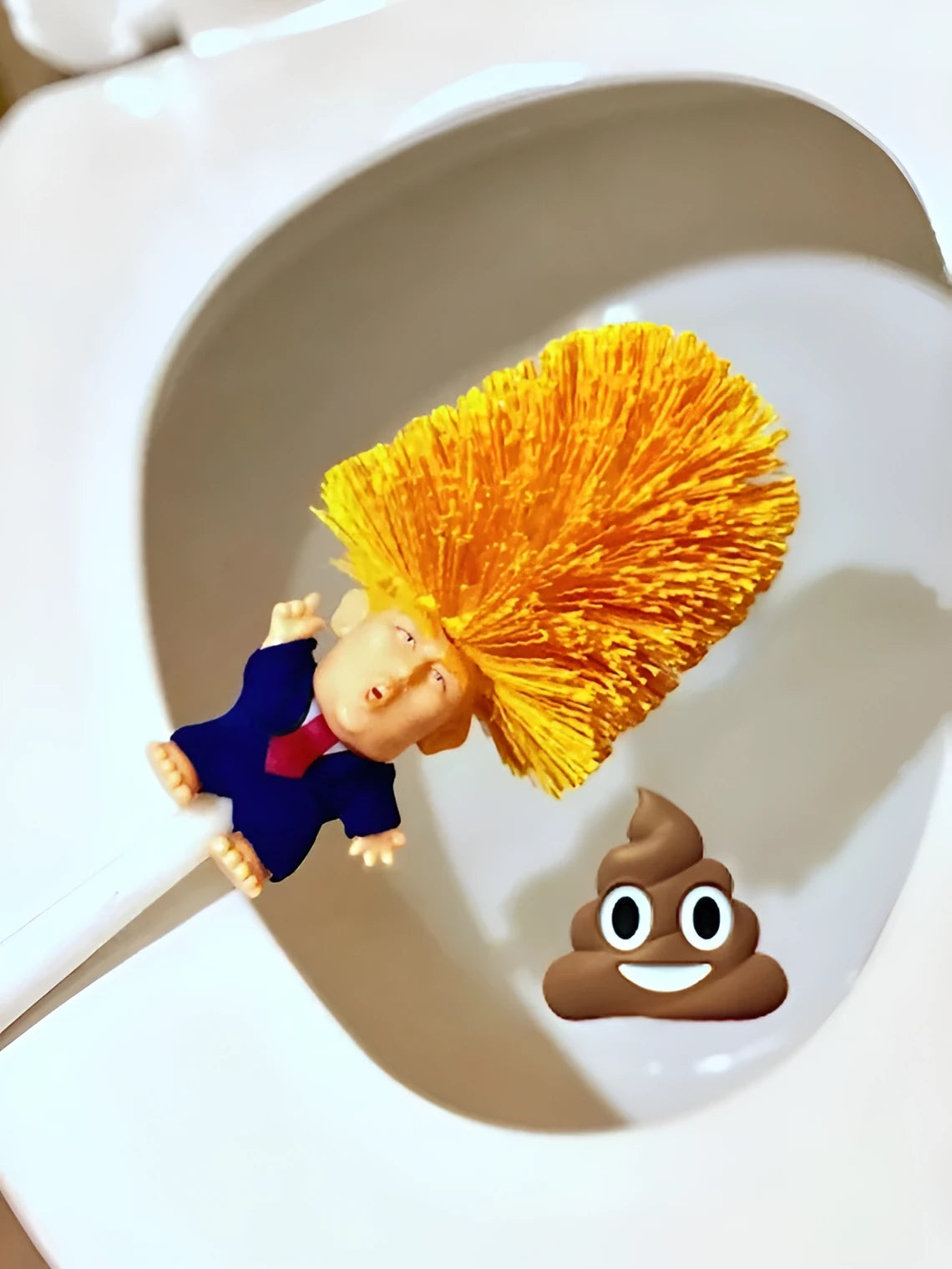 Yellow funny Donald Trump toilet brush made of plastic, 40cm long, with hanging slot