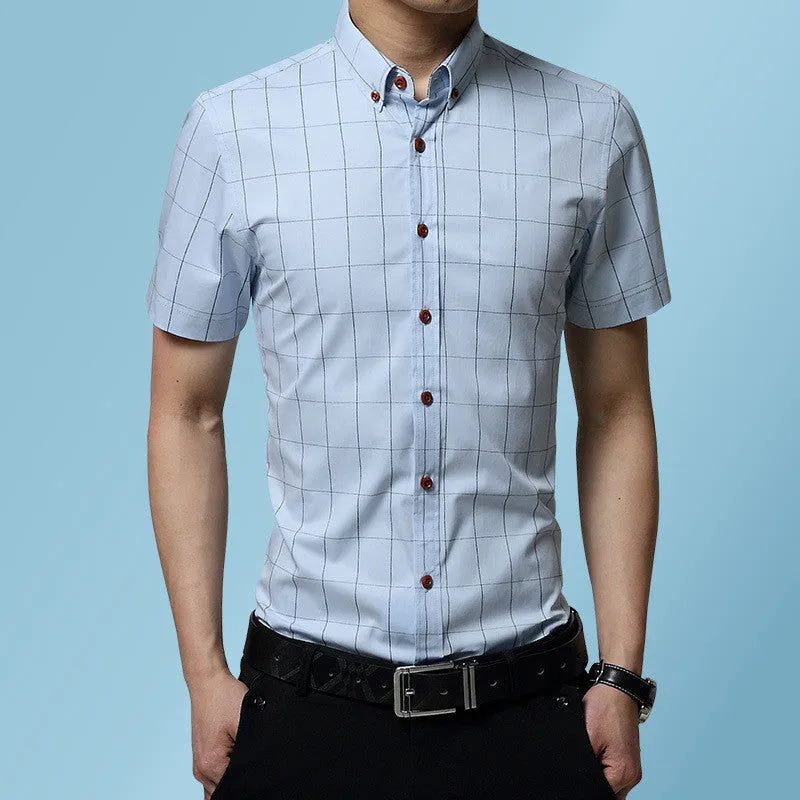 Men's red plaid short sleeve slim fit shirt with cotton blend fabric on a hanger
