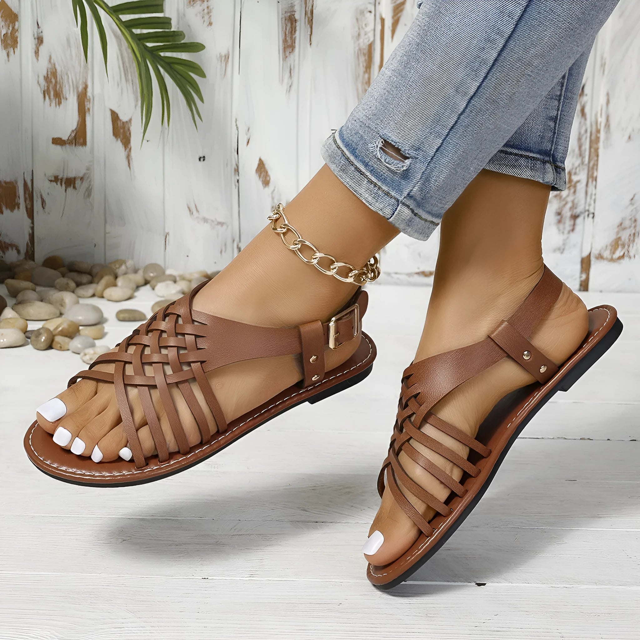 Flat buckle open toe cross strap lightweight beach slippers in black, side view