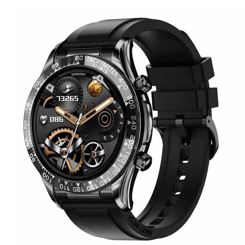 Men's business smart watch with Bluetooth calling, 1.32-inch IPS screen, zinc alloy case, and black silicone strap