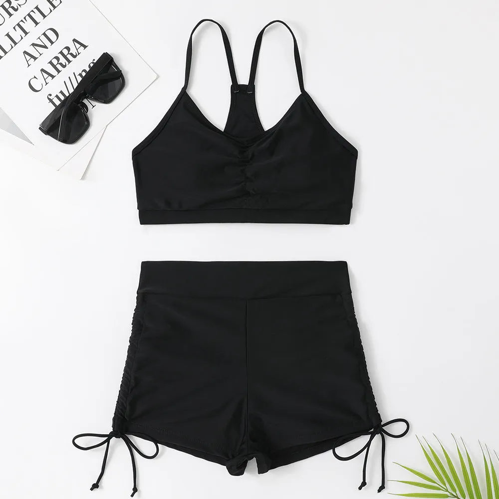 Women's solid purple high-waisted split swimsuit bikini with sleeveless design for swimming and surfing