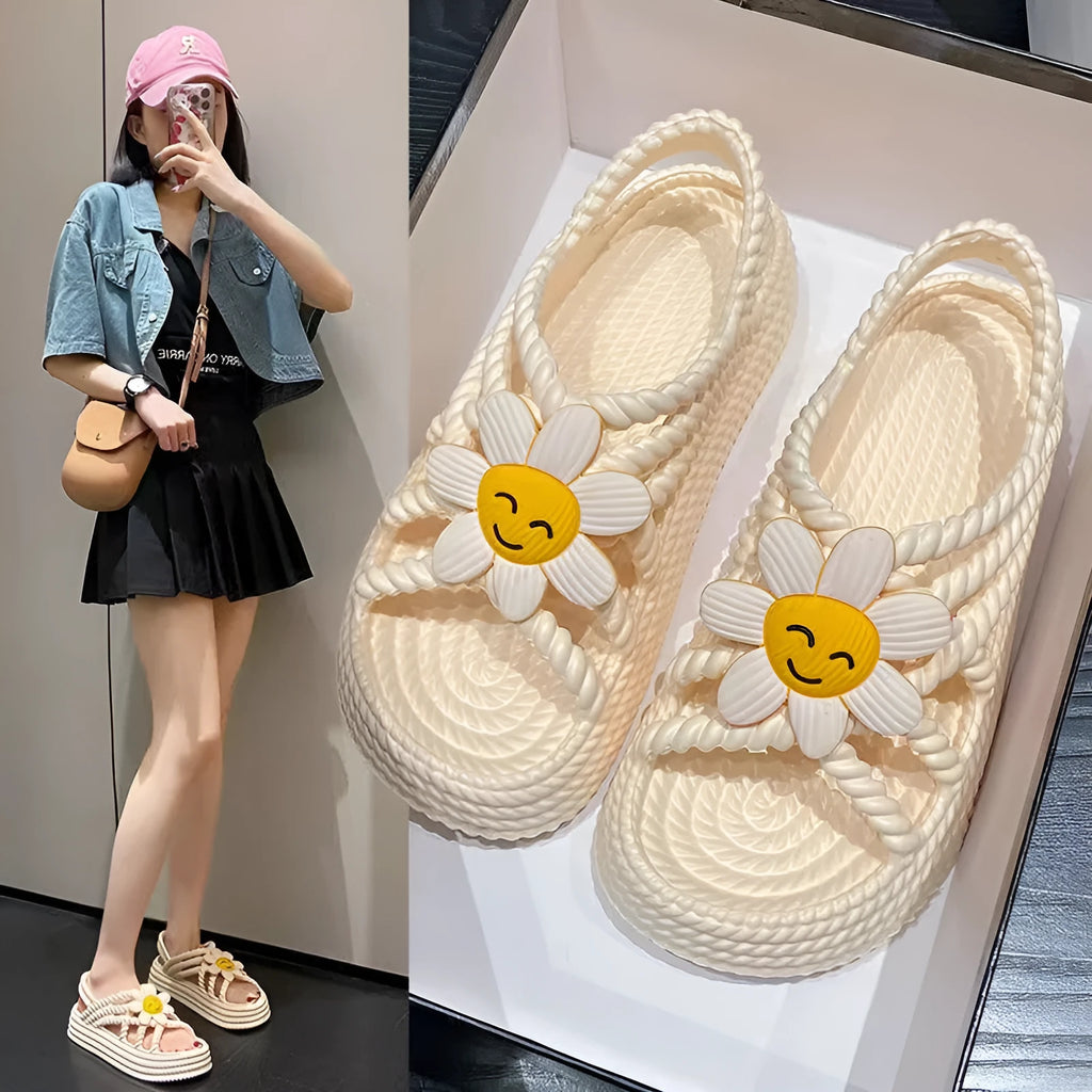 Super soft cute flower all-matching lightweight non-slip PVC sandals in beige with round head