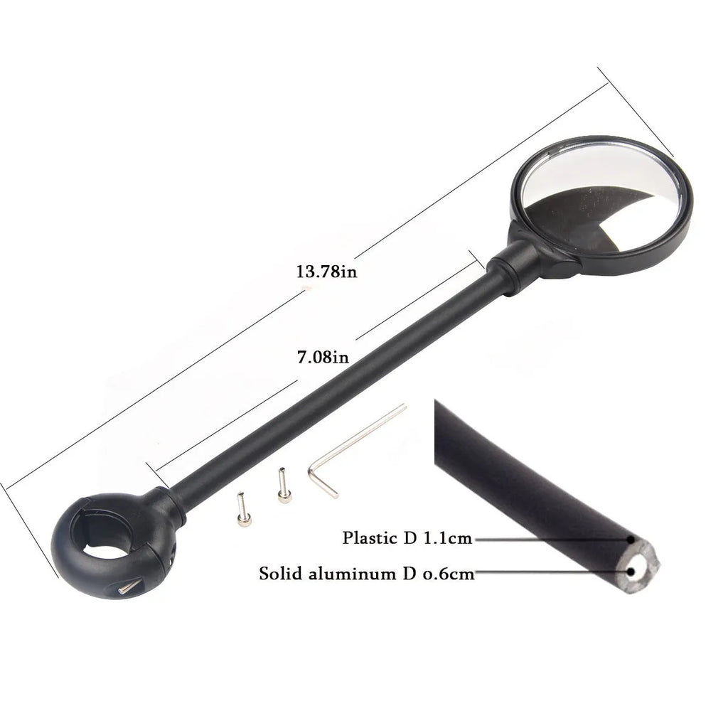 Close-up of a black metal bicycle rearview mirror with hose adjustment mechanism and reflector on a handlebar