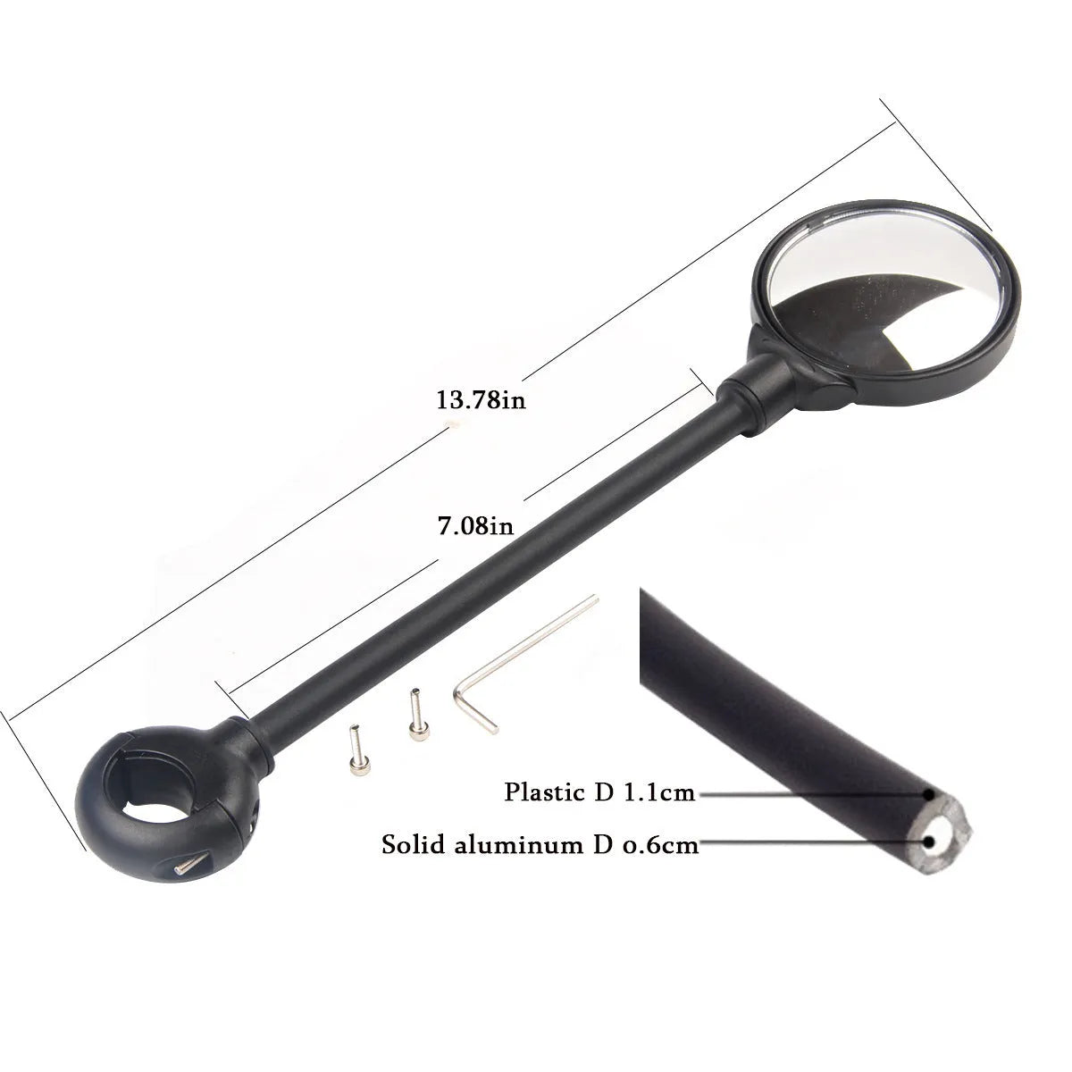 Close-up of a black metal bicycle rearview mirror with hose adjustment mechanism and reflector on a handlebar