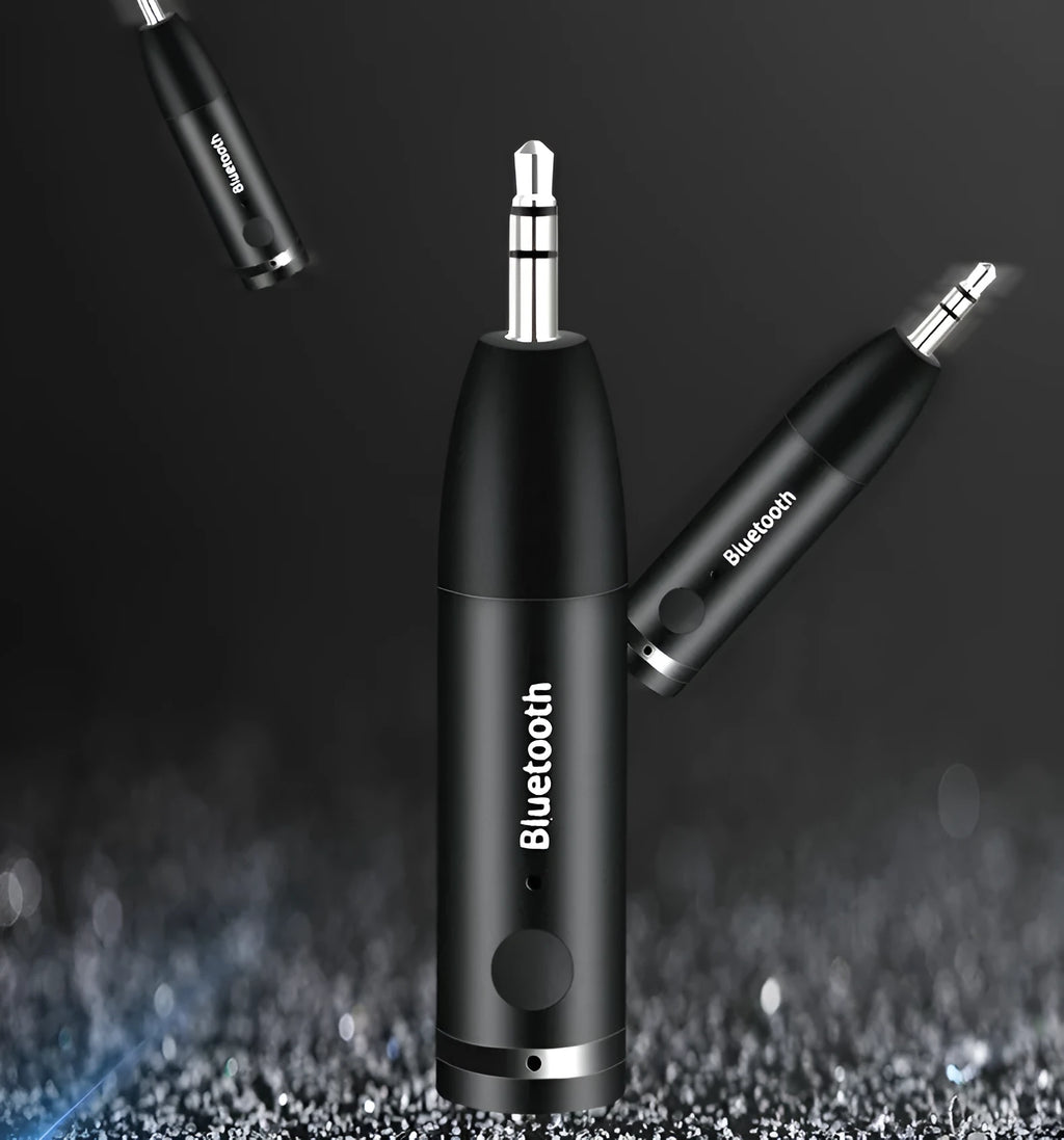 Black car AUX Bluetooth audio receiver with 3.5mm jack for wireless music streaming to car stereos