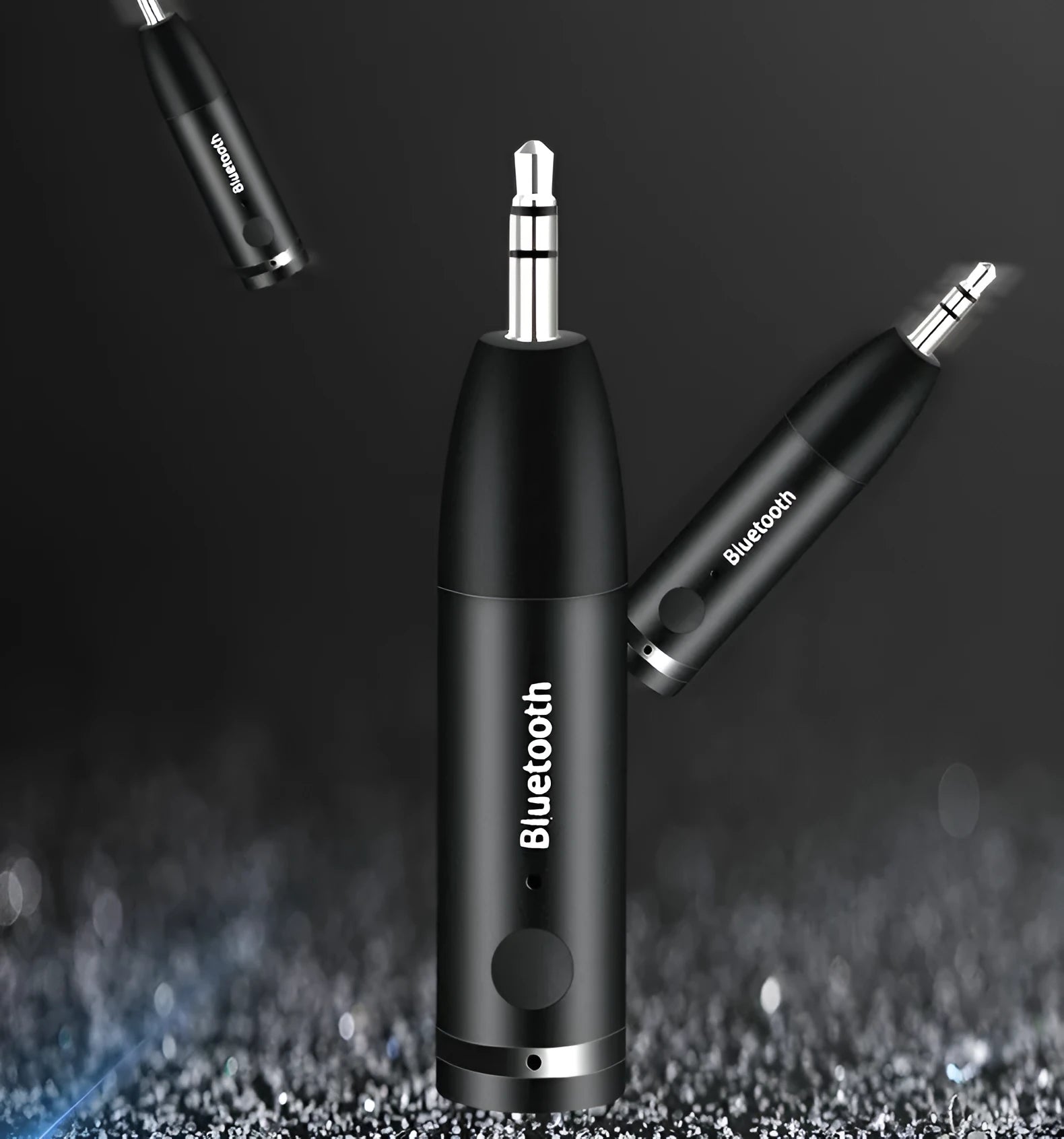 Black car AUX Bluetooth audio receiver with 3.5mm jack for wireless music streaming to car stereos