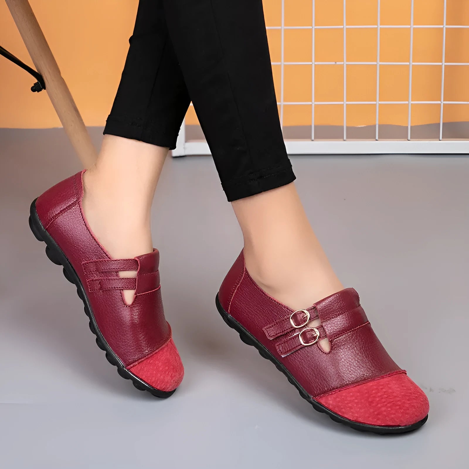 Casual leather flat shoes with Velcro fastening in black with round toe design