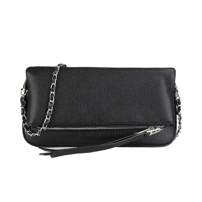 Fashion chain folding clutch women's shoulder messenger bag in black classic colour, PU material shell shape with chain strap