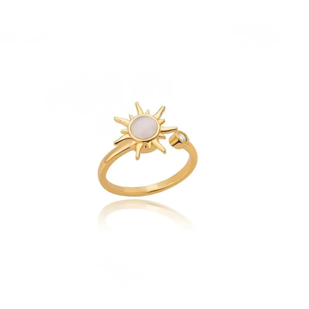 Simple gold adjustable spinner ring with rotating geometric component on a finger.