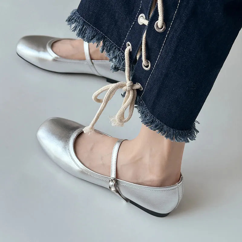 Women's Mary Jane flat pumps with sheepskin upper, low heel, round toe, in black, brown, white