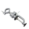 Clamp-on bench vise with 360-degree rotating head and tungsten steel pliers on a workbench.