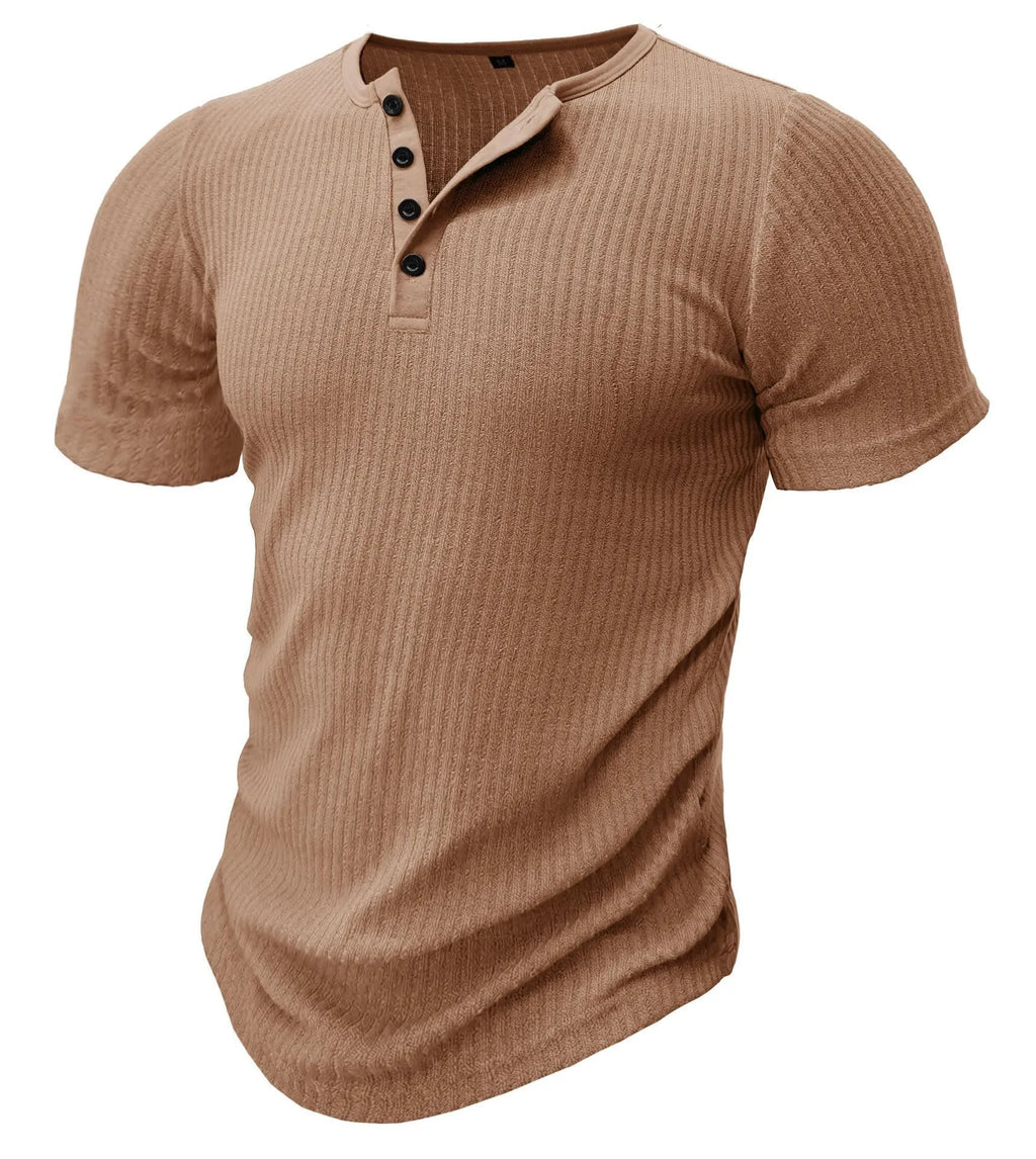 Men's slim-fit short-sleeved polyester sports T-shirt on a hanger, shown in Army Green colour.