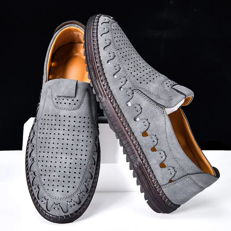 Men's brown slip-on casual shoes with round toe and low-top PU upper.