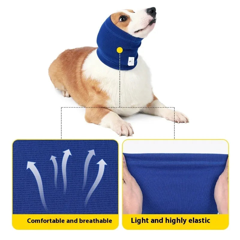 Blue and grey polyester dog headband scarf shown in small, medium, and large sizes.