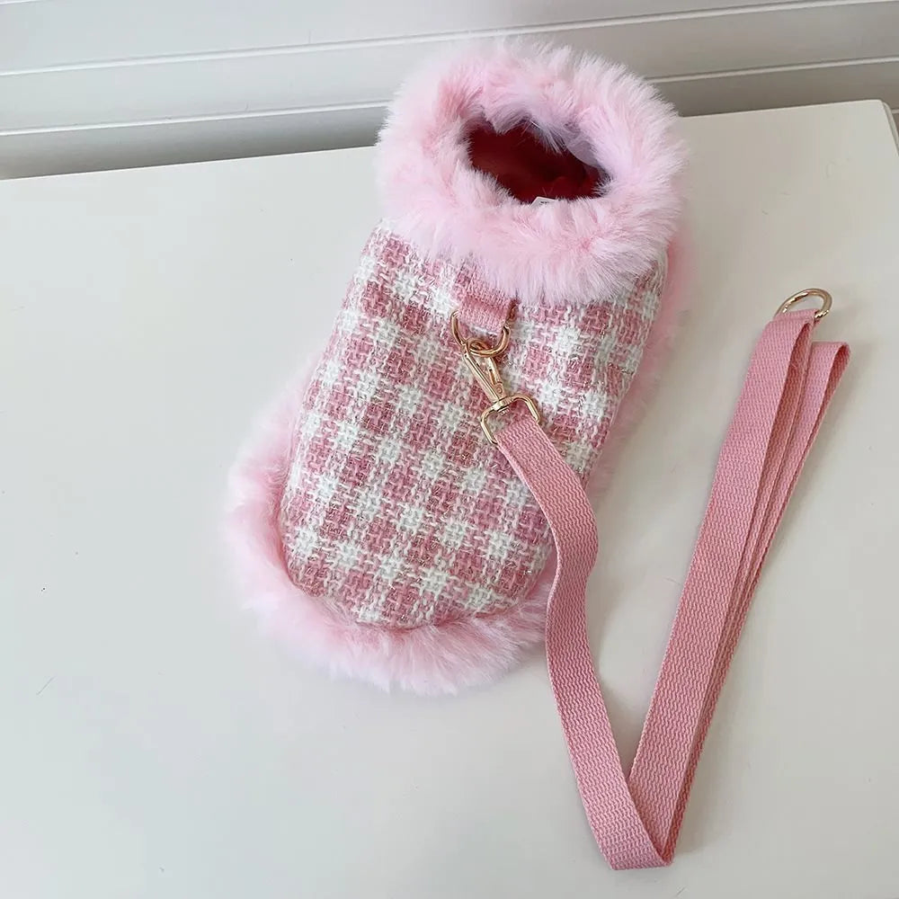 Pink cat cloak costume set with beret and hand-holding rope detail on hanger