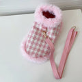 Pink cat cloak costume set with beret and hand-holding rope detail on hanger