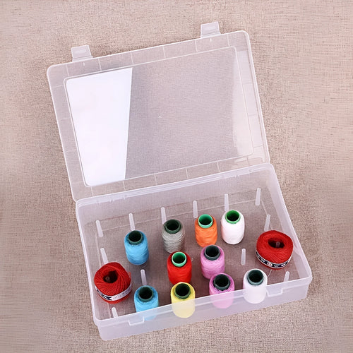 Plastic embroidery storage box with 42 numbered compartments in transparent, pink, or blue colour.