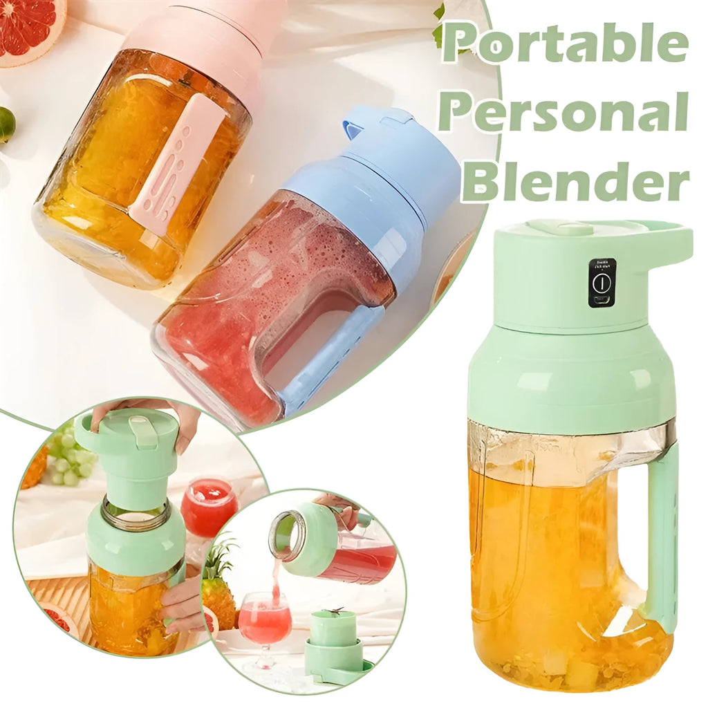 Portable electric juicer with 1500ml capacity, USB rechargeable, eight steel blades, and dual handles in pink colour