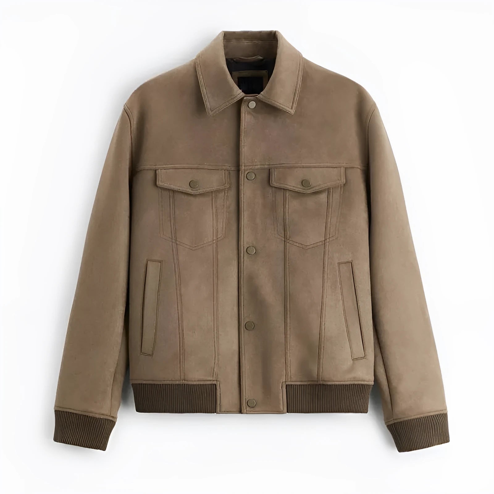 Light Grey suede velvet long sleeve jacket with a casual British-style fit on a hanger.