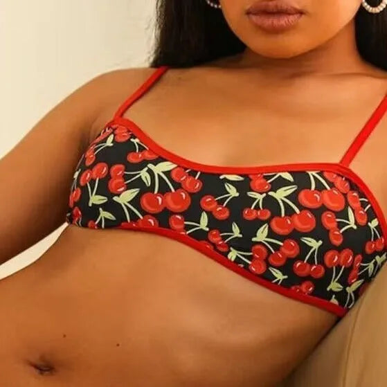 Women's cherry print tube top bikini swimsuit in polyester fiber with floral pattern, available in sizes S to XL