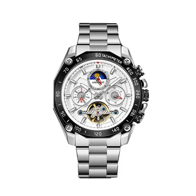 Men's automatic mechanical watch with 12mm case in various colour combinations including silver, black steel and gold steel options