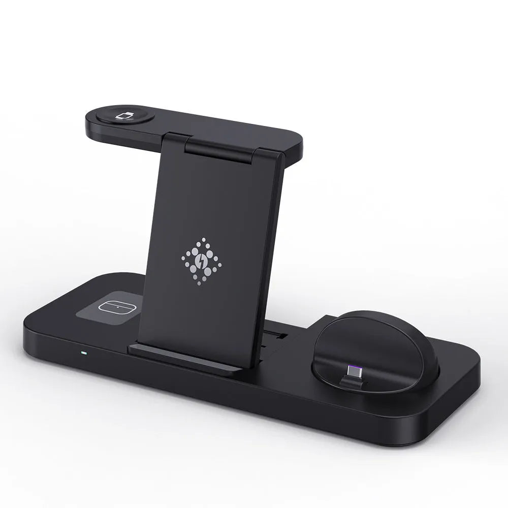 Three-in-one wireless charger with rotating stand for phone headset watch in white finish