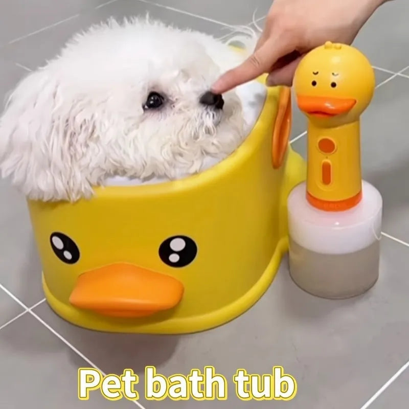 Blue PVC duck-shaped bathtub for washing small dogs and cats on a white background