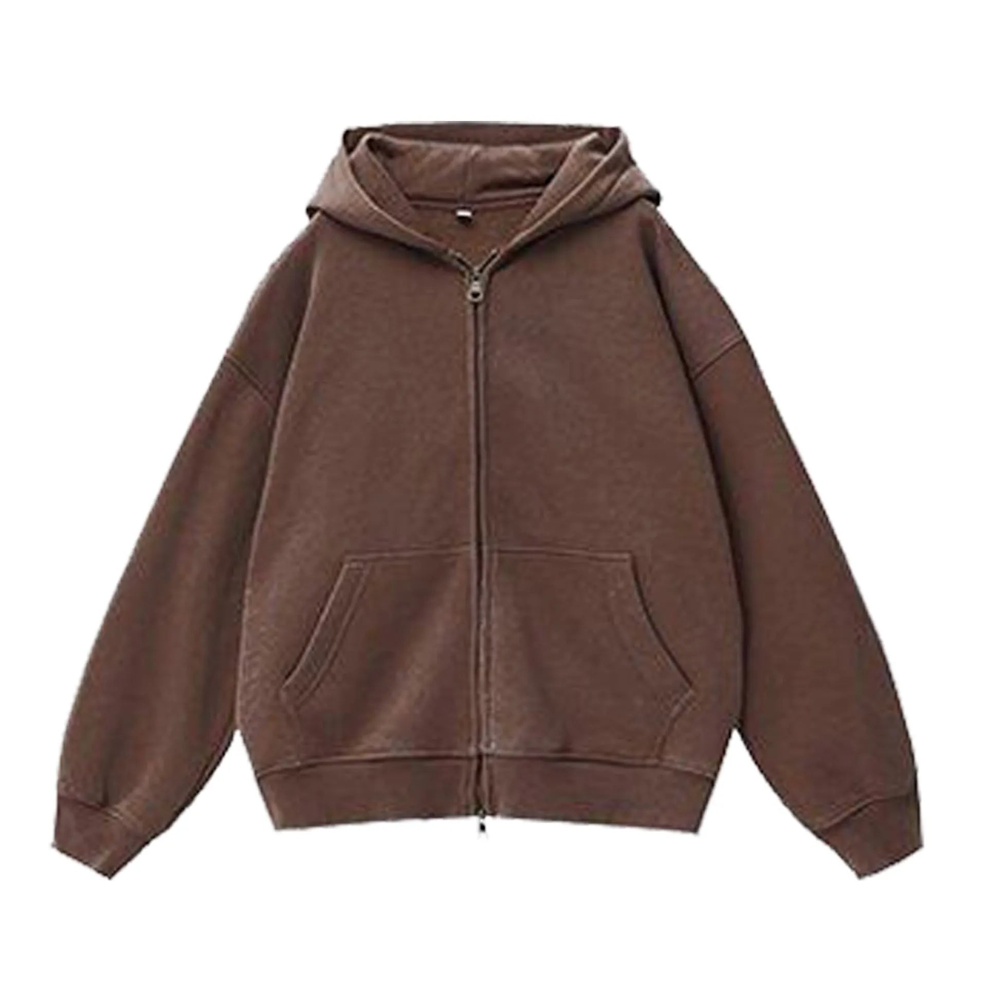 Fleece-lined distressed hooded cardigan sweater for women in dark grey with drop-shoulder sleeves and size patch pockets