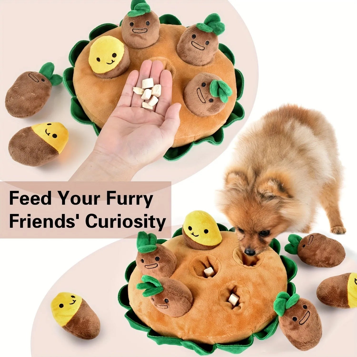 Yellow dog puzzle mat with removable squeaky plush toys for slow feeding and foraging games
