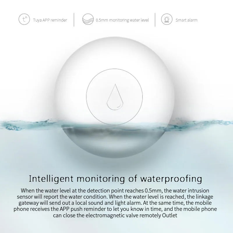 Zigbee wireless water leak sensor measuring 50mm by 17mm with FCC and CE certifications
