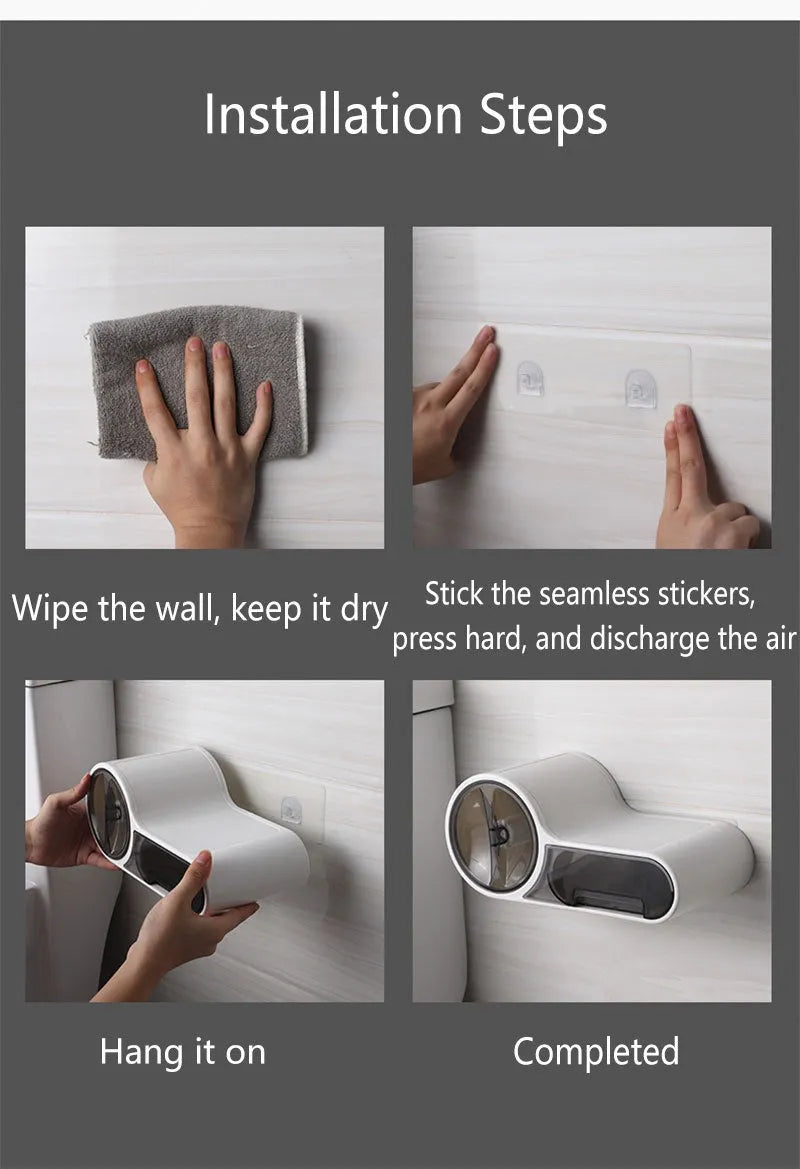 White plastic waterproof no-punching toilet roll holder with non-slip place for standard tissue rolls