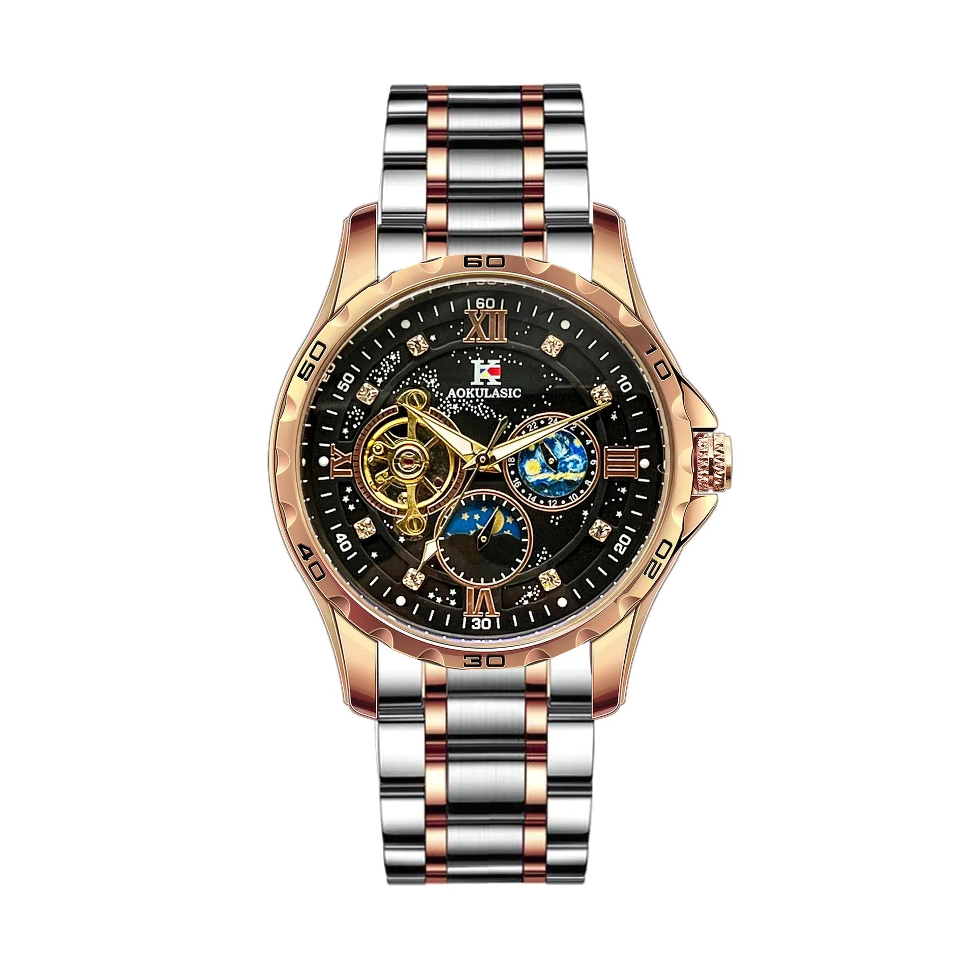 Automatic mechanical men's watch with rose gold case, black dial and large display
