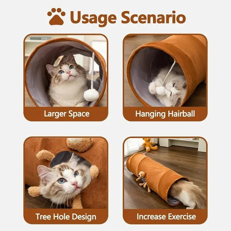 Collapsible cat tunnel for indoor cats, 25cm diameter, 80cm length, suede air layer fabric, steel wire, with plush ball on top