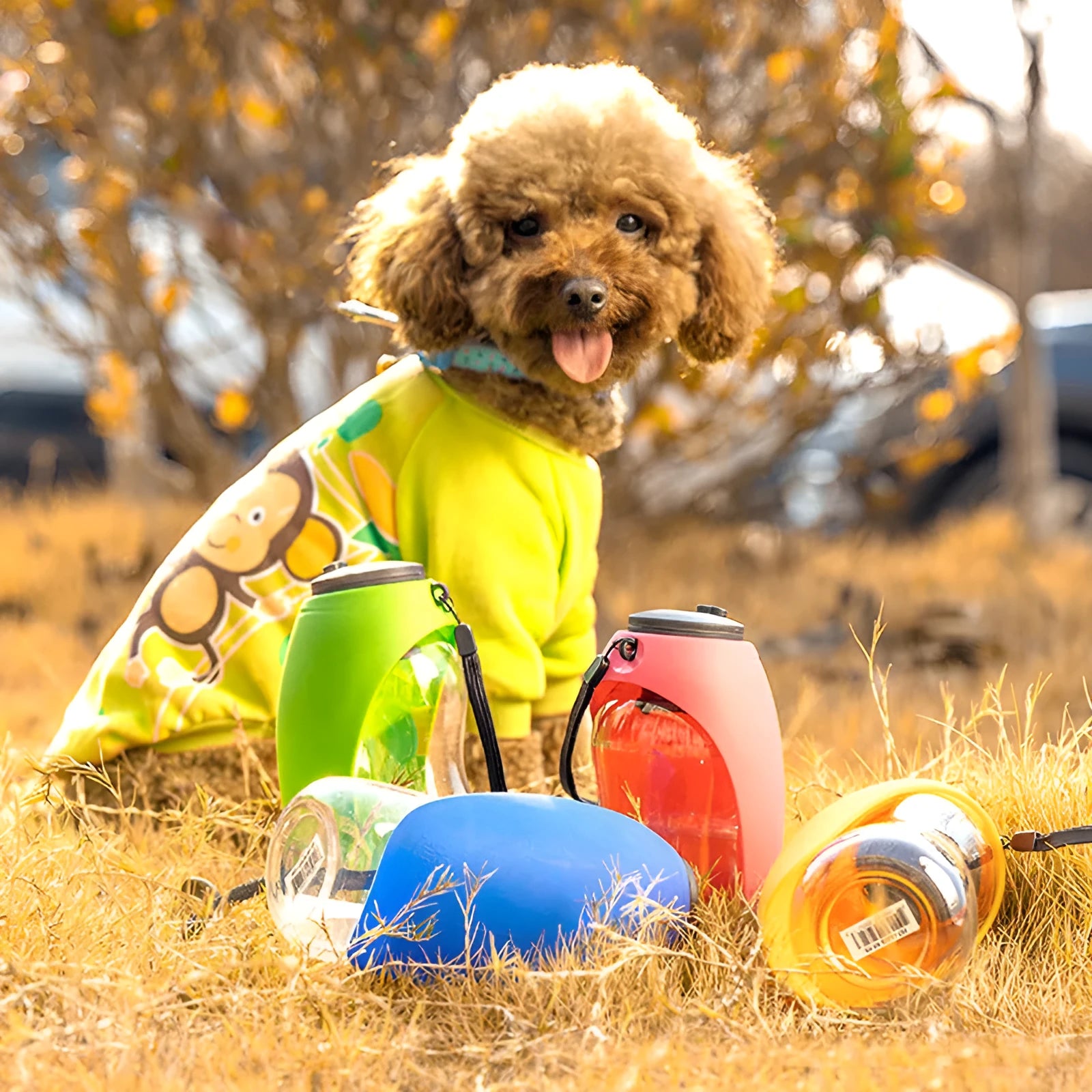 Portable dog water bottle with drinking bowl in sky blue colour showing 680ml capacity and key lock