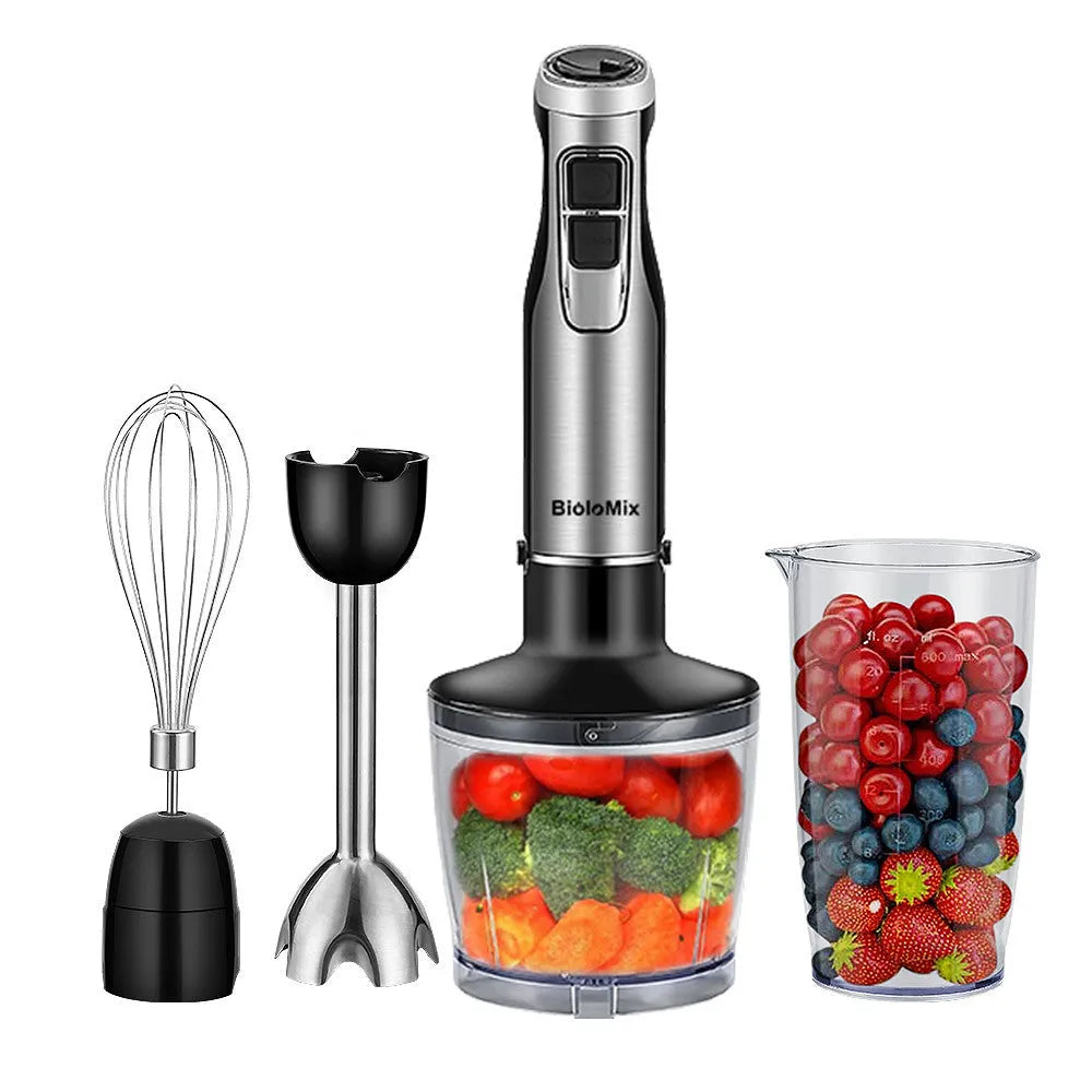 Biolomix silver 4-in-1 hand held immersion blender with stainless steel shaft and whisk on a kitchen counter
