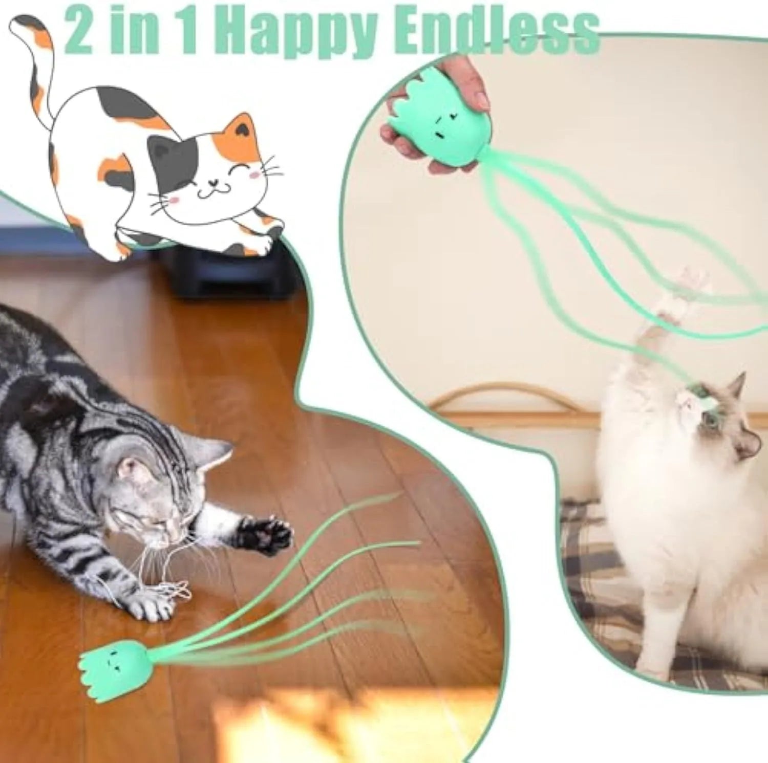 Green automatic electronic cat wand toy with a swinging silicone tail on a wooden floor.