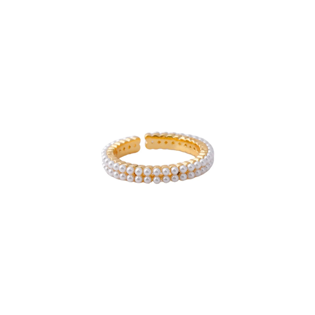 Gold geometric open mouth women's ring with pearl elements on electroplated copper