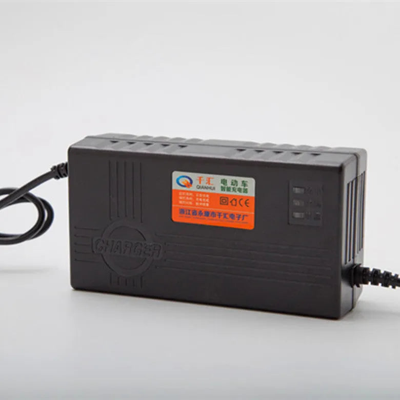 Black 72V 20AH electric car charger with compact design and international plug options.