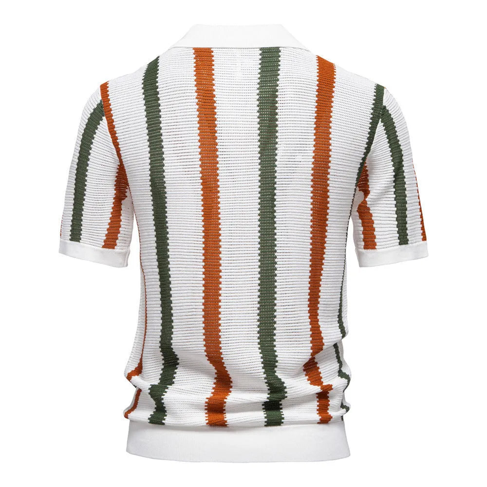 Men's breathable hollow short-sleeved striped polo shirt in khaki, front view
