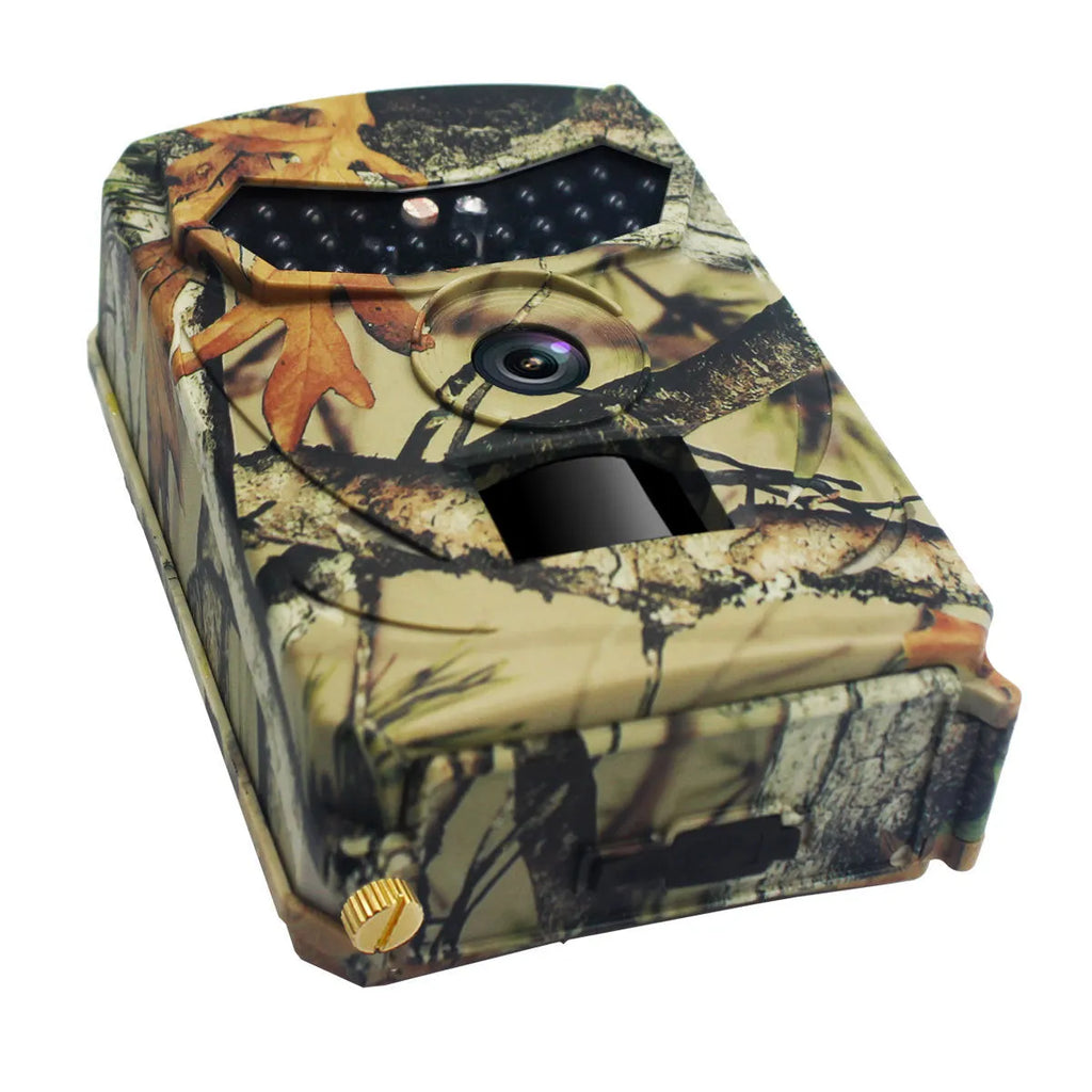Yellow brown plastic 16MP hunting game camera with infrared LEDs and wide-angle lens.