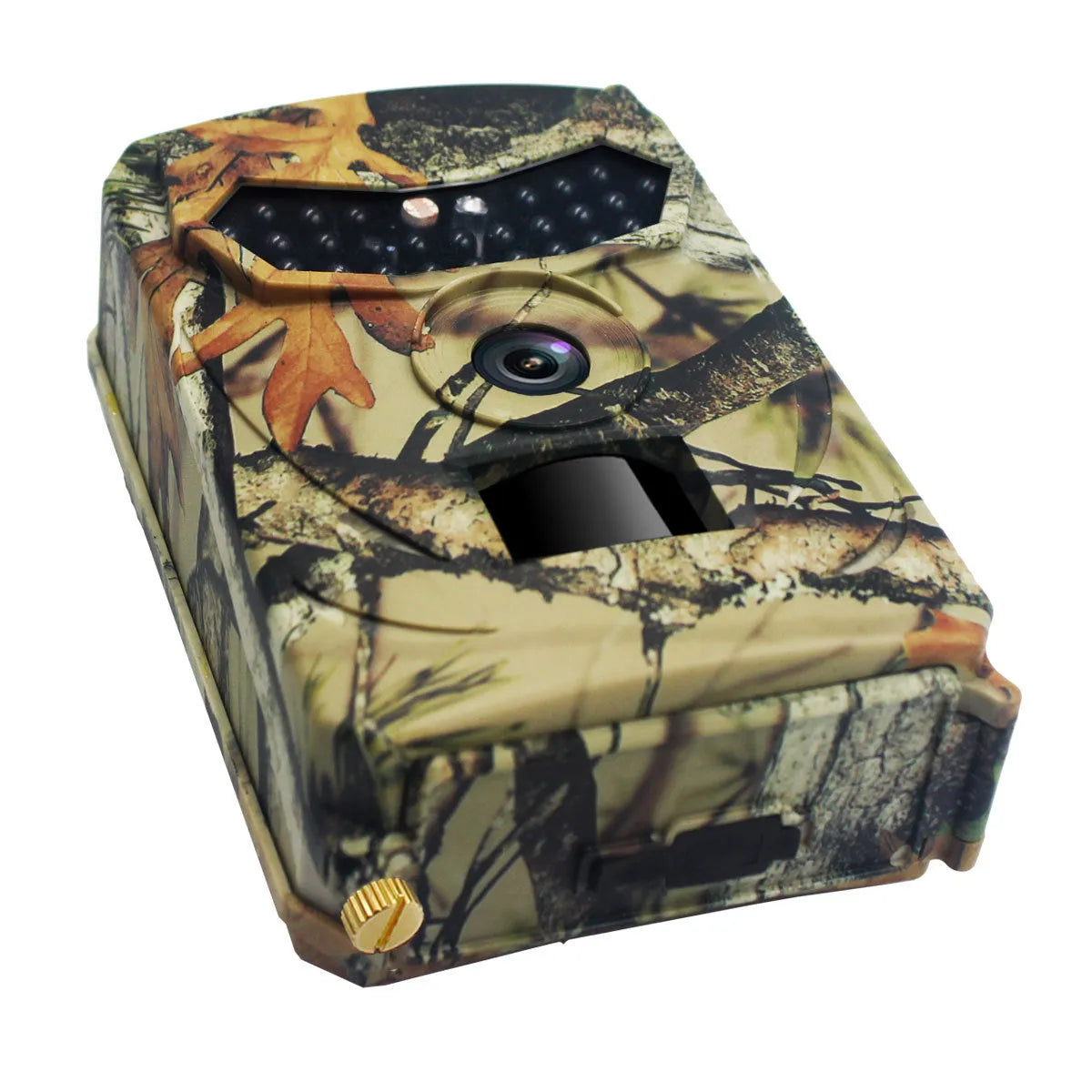 Yellow brown plastic 16MP hunting game camera with infrared LEDs and wide-angle lens.