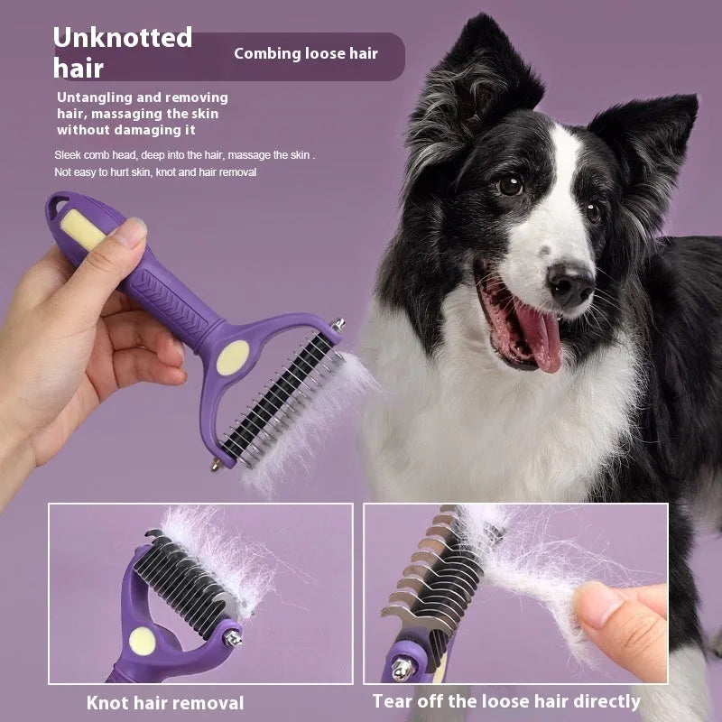 Purple double-sided plastic pet comb for dog and cat grooming with knot removal teeth