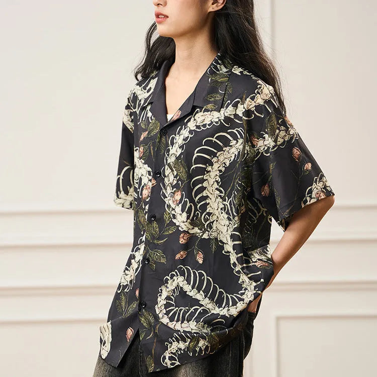 Short sleeve Cuban collar shirt with snake bone and flower pattern print in loose fit